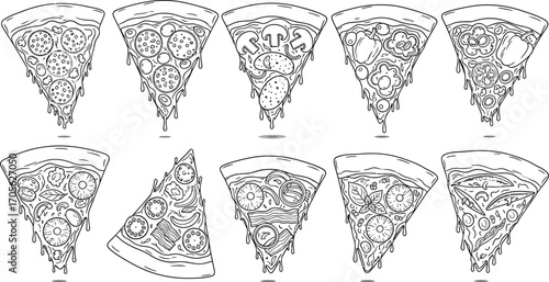 Detailed pizza slices illustration showcasing various toppings and styles in a monochrome line art drawing for culinary designs