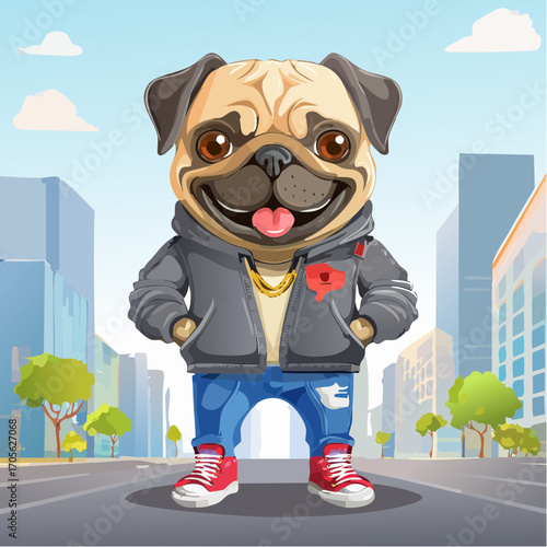 Niedlicher Rapper-Mops im urbanen Streetstyle