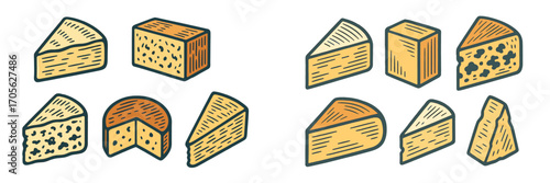 Assorted cheese pieces, wedges and blocks, hand-drawn graphic style