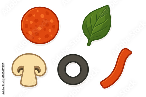 Assorted pizza toppings: pepperoni, mushroom, basil, olive, and pepper slices