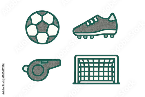 Soccer equipment icons: ball, cleat, whistle, goal