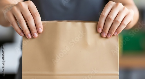 Presentation of brown paper bag held by clean manicured hands