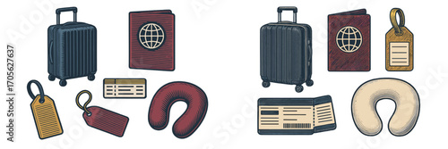 Travel items: suitcase, passport, tickets, neck pillow, and travel accessories