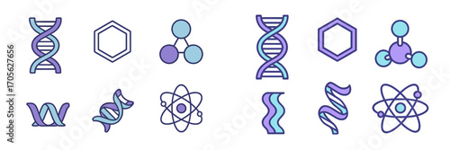 Science and biology icons: DNA, molecules, atomic structures