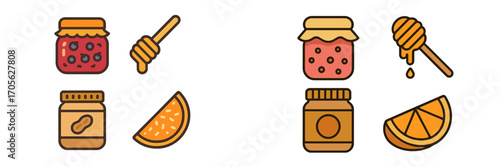 Flat icons for breakfast foods and spreads like jam, peanut butter, and honey