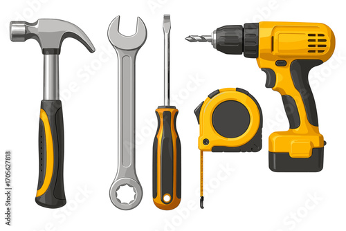 Collection of common hand tools including hammer, wrench, screwdriver, tape measure, and power drill