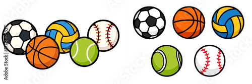 Assorted sports balls: soccer, basketball, volleyball, tennis, baseball