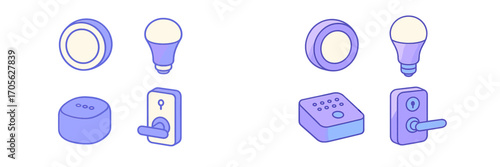 Isometric smart home devices set with light bulb, speaker, and door lock