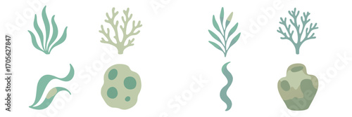 Collection of abstract watercolor sea plants and coral shapes in muted green and blue tones