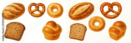 Freshly baked bread assortment with loaves, pretzels, bagels, and brioche
