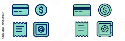 Financial icons: credit card, coin, receipt, safe deposit box