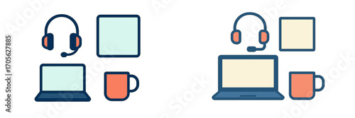 Remote work and online communication icons: headset, laptop, tablet, coffee cup
