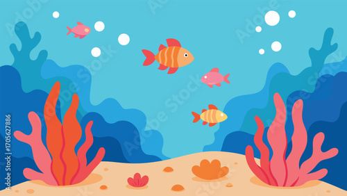 Peaceful underwater landscape illustration with colorful fish swimming through coral reefs and aquatic plants