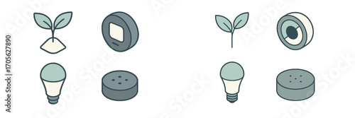 Isometric icons of plant sprout, coin, LED bulb, and salt shaker