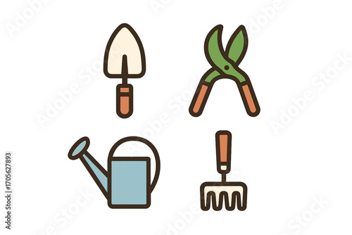Set of essential gardening tools including shovel, pruning shears, watering can, and hand rake for home garden