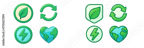 Eco-friendly icon set with symbols for nature, recycling, renewable energy, and global environmental protection