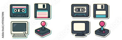 Vintage electronic devices and retro computer accessories with floppy disks, cassette tapes, monitors, and joysticks