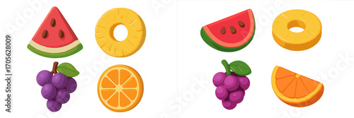 Assortment of vibrant stylized fruit slices and whole fruits including watermelon pineapple grapes and orange in a cheerful design