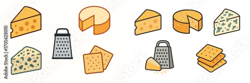 Assortment of cheese blocks, cheese wheels, blue cheese, a kitchen grater, and crispy square crackers for a delicious snack