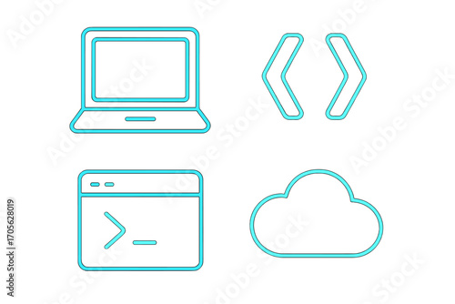 Digital technology and software development symbols with laptop, coding, command line interface, and cloud computing