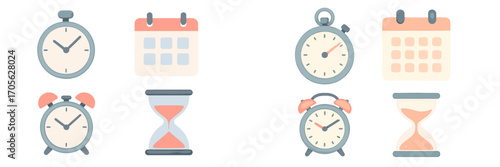 Visual representation of time management and scheduling concepts with clocks, calendars, stopwatches, and hourglasses