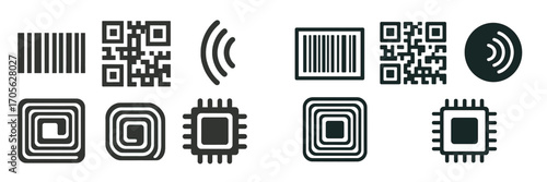 Essential technology icons for digital data identification, wireless communication, and integrated circuit components