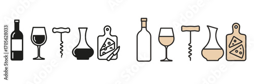 Wine and cheese tasting accessories with bottles, glasses, corkscrews, decanters, and serving boards