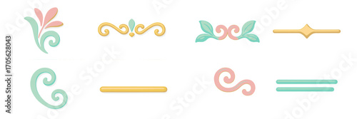 Elegant pastel decorative design elements with smooth rounded shapes, including flourishes, swirls, and leaf motifs