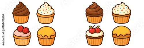 Variety of sweet baked cupcakes with different frosting flavors and decorative toppings, including chocolate, vanilla, raspberry, and cherry