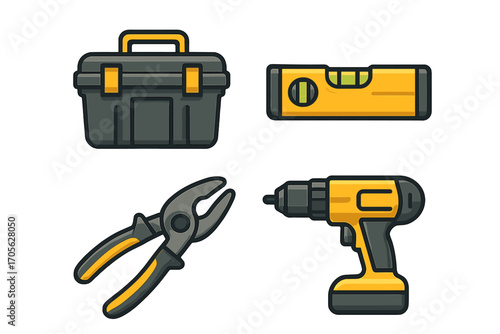 Essential construction and repair tools including a toolbox, spirit level, pliers, and cordless drill for home and professional use