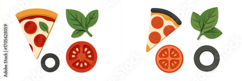 Assortment of delicious pizza slices and fresh ingredients including pepperoni, basil, tomato, and black olive rings