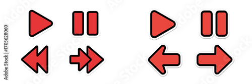 Set of red media player control buttons and navigation arrows with black outline and subtle white shadow effect