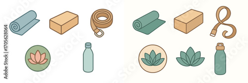 Various yoga and wellness elements such as rolled mats blocks belts water bottles and lotus flowers