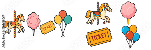Classic amusement park fairground elements including carousel horse cotton candy ticket and colorful balloons