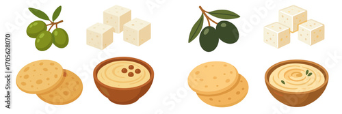 Assortment of Mediterranean food items including green and black olives, feta cheese cubes, creamy hummus, and crispy flatbread