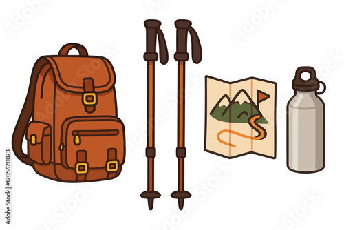 Essential hiking and trekking gear with backpack, poles, map, and water bottle for outdoor adventure