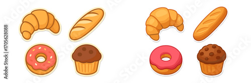 Assortment of delicious breakfast pastries and baked goods including croissant, baguette, donut, and chocolate muffin