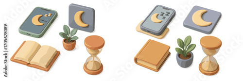 Digital detox, restful sleep, and mindful living elements promoting wellness and self-care with an open book, potted plant, hourglass, and smartphone