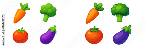 Collection of fresh organic vegetables including carrots broccoli tomatoes and eggplants on white background