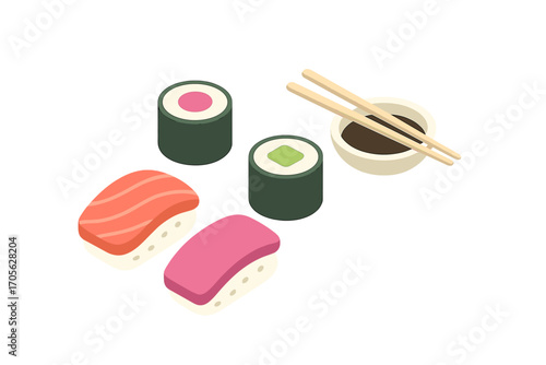 Isometric sushi set with salmon, tuna nigiri, maki rolls, soy sauce, and chopsticks on white background