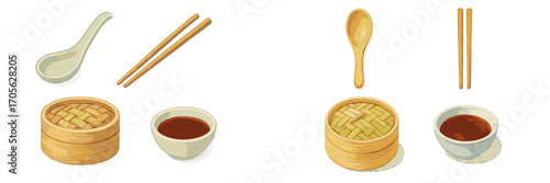Traditional Asian dining utensils including ceramic spoons, wooden chopsticks, bamboo steamer baskets, and dipping sauce bowls for dim sum