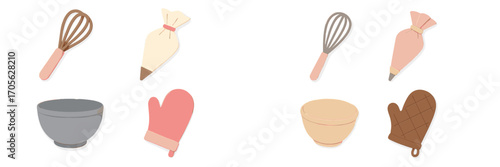 Modern collection of essential baking and cooking tools featuring whisks, piping bags, mixing bowls, and oven mitts
