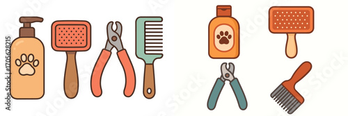Collection of pet grooming tools and supplies for animal care including shampoo, brushes, combs, and nail clippers
