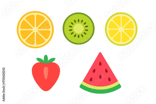 Vibrant collection of fresh fruit slices and whole fruit shapes including citrus, kiwi, strawberry, and watermelon