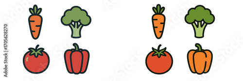 Colorful fresh healthy vegetables including carrots, broccoli, tomatoes, and bell peppers in a clean graphic style