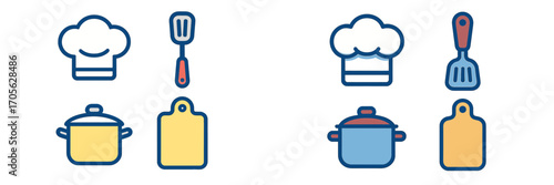 Collection of kitchen utensils and cooking equipment icons including chef hat, pot, spatula, and cutting board