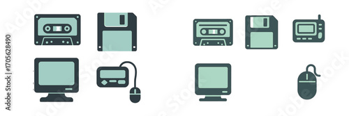 Collection of retro computer technology icons including floppy disks, cassette tapes, monitors, and mice