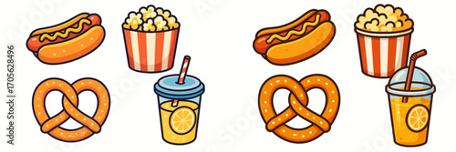 Assortment of classic fairground and cinema snacks, including savory hot dogs, fluffy popcorn, salted pretzels, and refreshing beverages