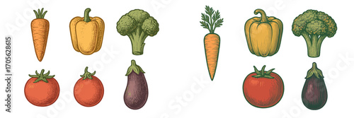 Assorted fresh vegetables in a vintage engraved style