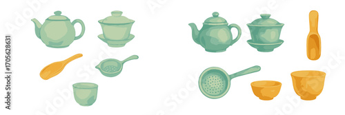 Traditional Asian Tea Ceremony Utensils Watercolor Collection